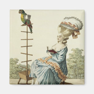 Jonge vrouw die in een dagjurk leest met een uitge magneet