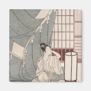 Jonge vrouw die knielt door haar muggennet, 1766 magneet