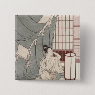 Jonge vrouw die knielt door haar muggennet, 1766 vierkante button 5,1 cm