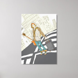 Jonge vrouw die op straat staat met bagage canvas afdruk