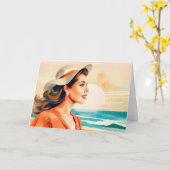 Jonge vrouw genietend van het zonlicht aan de kust kaart (Gele Bloem)