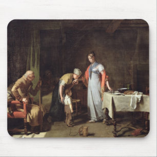 Jonge vrouw helpt een ongelukkige familie muismat