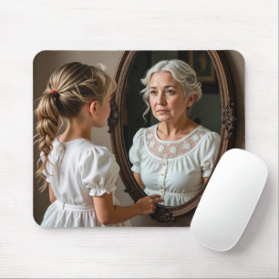 Jonge vrouw kijkt naar oma-reflectie muismat