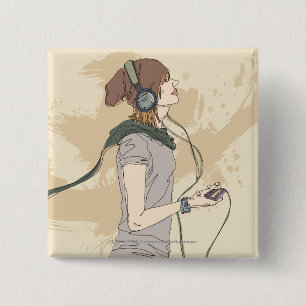 Jonge vrouw luistert muziek vierkante button 5,1 cm