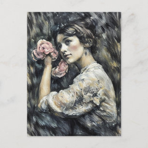 Jonge vrouw met bloemen pastel kunstschilderij briefkaart