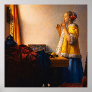 Jonge vrouw met een parelsnoer door Vermeer Poster