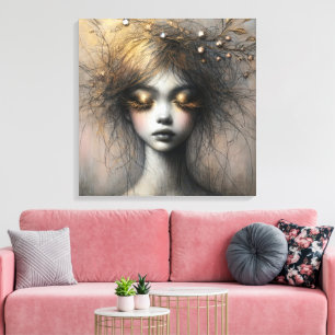 Jonge vrouw met gouden wimpers canvas afdruk