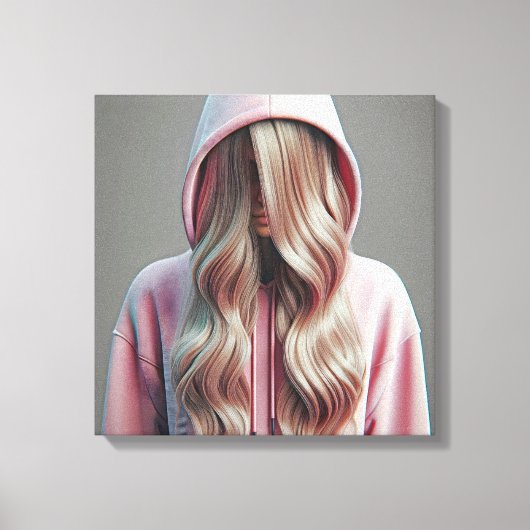 Jonge vrouw verstopt zich achter lang blond haar canvas afdruk (Voorkant)