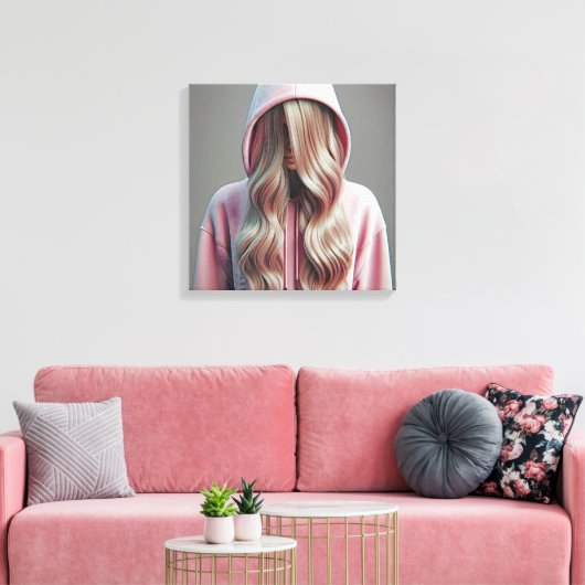 Jonge vrouw verstopt zich achter lang blond haar canvas afdruk (Insitu (Woonkamer))