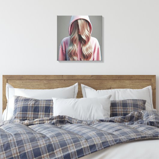 Jonge vrouw verstopt zich achter lang blond haar canvas afdruk (Insitu (Slaapkamer))