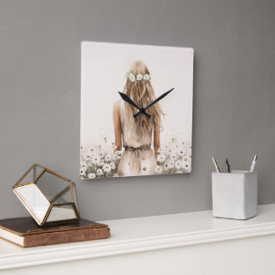 Jonge Vrouw Waterverf in Daisy Field Vierkante Klok