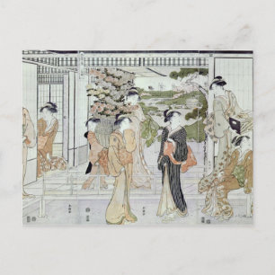 Jonge vrouwen met een mand chrysanten briefkaart