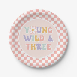 Jonge Wilde Drie Groovy Roze Madeliefjes Checker Papieren Bordje