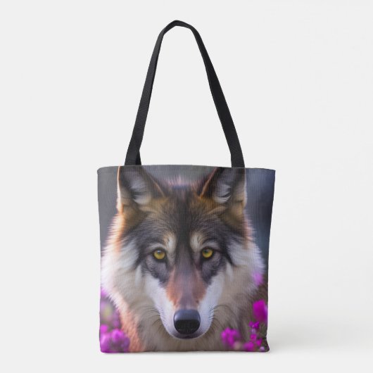 Jonge wolf in fuchsia roze bloemen draagtas (Achterkant)