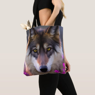 Jonge wolf in fuchsia roze bloemen draagtas