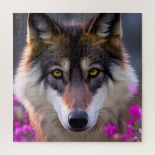 Jonge wolf in fuchsia roze bloemen legpuzzel