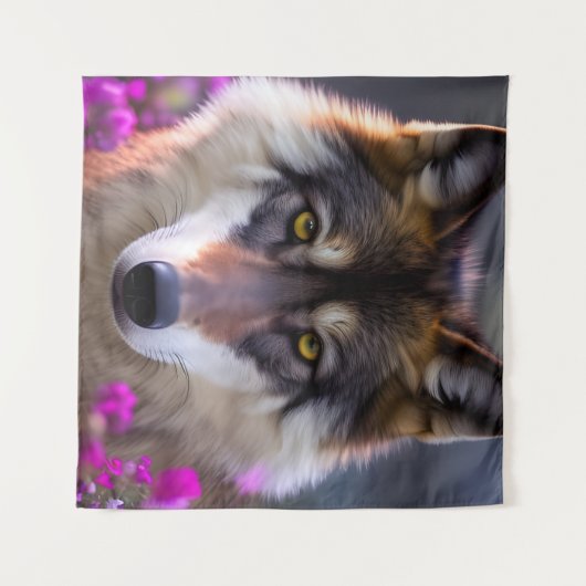 Jonge wolf in fuchsia roze bloemen wandkleed (Voorkant (horizontaal))