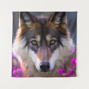 Jonge wolf in fuchsia roze bloemen wandkleed