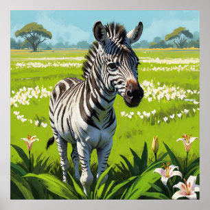 Jonge Zebra in Lily Bloemveld Schilderen Poster