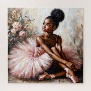Jonge zwarte ballerina in roze tutu en pointe scho legpuzzel