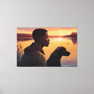 Jonge zwarte man en zijn hond canvas afdruk