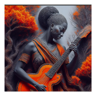 Jonge zwarte vrouw die akoestische gitaar speelt perfect poster
