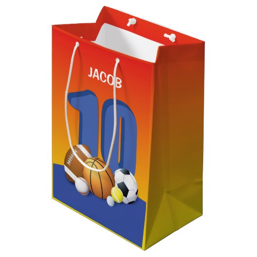 Jongen 10th Birthday Sports Balls Medium Cadeauzakje (Voorkant Gekanteld)
