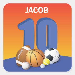 Jongen 10th Birthday Sports Balls Vierkante Sticker