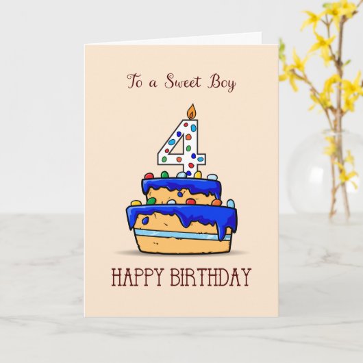 Jongen 4e verjaardag, 4 op de zoete blauwe Cake Kaart (Gele Bloem)
