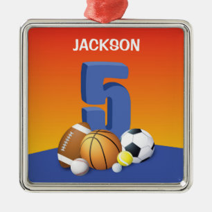 Jongen 5e verjaardag sportballen metalen ornament