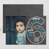 Jongen 6th Birthday Chalkboard met foto Number Blu Kaart (Voorkant / Achterkant)