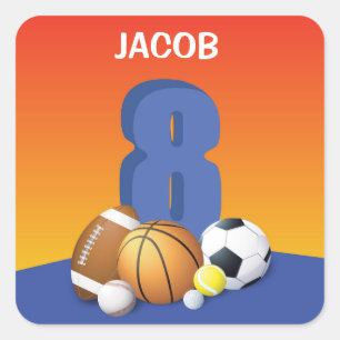 Jongen 8th Birthday Sports Balls Vierkante Sticker
