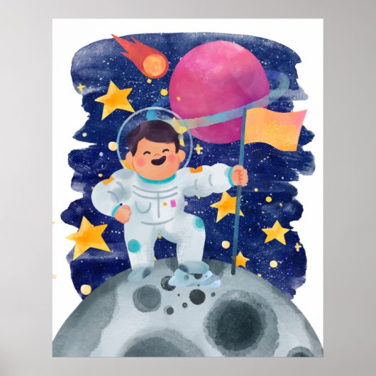 Jongen Astronaut First Step Moon Vlag Buitenruimte Poster (Voorkant)