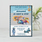 Jongen Auto Auto Racing Thema 5e Verjaardagsfeest Kaart (Staand voorkant)