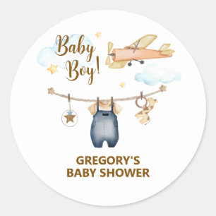 Jongen Avontuur Waslijn Vliegtuig Lucht Baby Borre Ronde Sticker