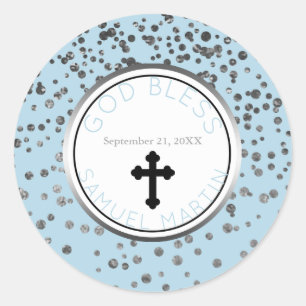 Jongen Baby Blauw Zilver Gepersonaliseerde Religie Ronde Sticker