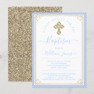 Jongen Baby Blauwe Licht Gouden Elegante Doop Kaart