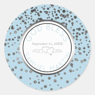 Jongen Baby Blue Silver Persoonlijk Religieuze Fav Ronde Sticker