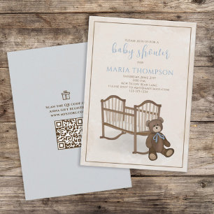 Jongen Baby Blue Teddy Bear QR Code Cadeauregister Kaart