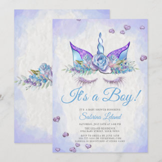 Jongen Baby shower Blue Fantasy Slaping Unicorn Kaart