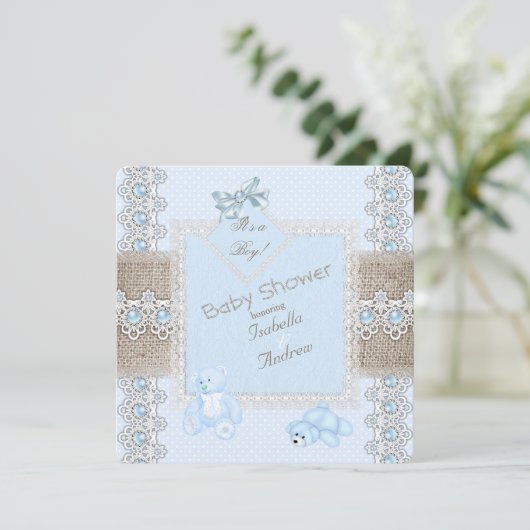 Jongen Baby shower Blue Pearl Lace Beren Spot Kaart (Staand voorkant)