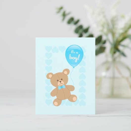 Jongen Baby shower Teddy met ballonuitnodiging Kaart (Staand voorkant)