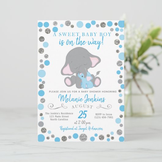 Jongen Baby shower Uitnodiging, Elephant Baby show Kaart (Staand voorkant)