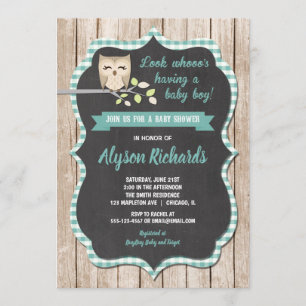 Jongen baby shower uitnodiging, Uil baby shower Kaart