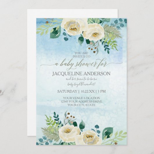 Jongen Baby shower Waterverf Blauwe roze Floral Kaart (Voorkant / Achterkant)