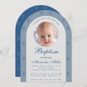 Jongen Baptism Foto Modern Dusty Blue Arch Script Kaart (Voorkant / Achterkant)