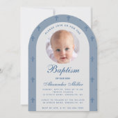 Jongen Baptism Foto Modern Dusty Blue Arch Script Kaart (Voorkant)