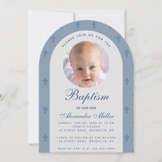 Jongen Baptism Foto Modern Dusty Blue Arch Script Kaart (Voorkant)