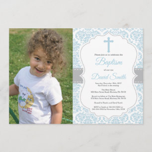 Jongen Baptism Invitation Blue en Grey Damask Kaart
