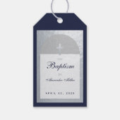Jongen Baptism Navy Blue Script Faux Silver Arch Cadeaulabel (Voorkant)